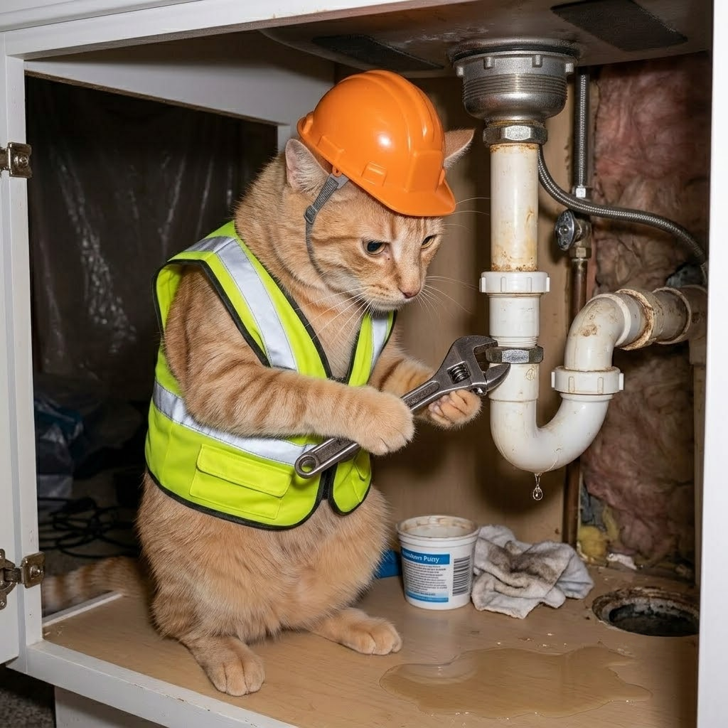 cat fixing pipes under a sink with a wrench