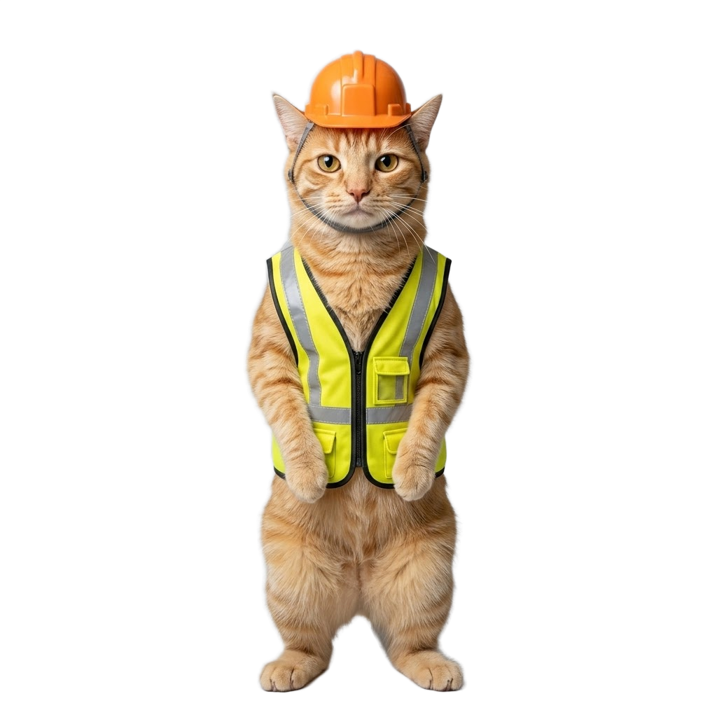 Handyman cat standing in a hi-vis vest and hard hat
